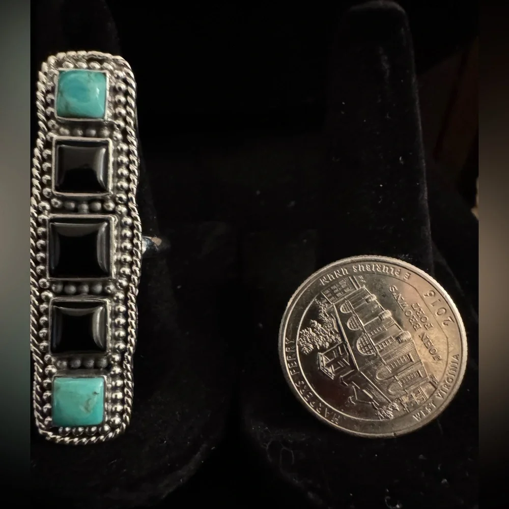 Sterling Silver and genuine, turquoise and Black onyx stones‎ Women's Ring
